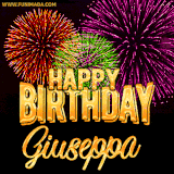A golden 'Happy Birthday Giuseppa' message with vibrant fireworks in the background, creating a festive and celebratory vibe in this animated name GIF.