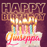 A colorful birthday cake topped with lit candles, with the words 'Happy Birthday Giuseppa' in bold glowing letters on a burgundy background. Animated flames add a festive touch.