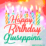 Bright birthday candles with rainbow flames on a cake, alongside the text 'Happy Birthday Giuseppina' in vibrant script in this celebratory animated GIF.