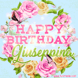A charming animated GIF featuring 'Happy Birthday Giuseppina' in pink and green text, surrounded by delicate roses, leaves, and fluttering butterflies on a soft light blue pastel background.
