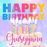 A vibrant animated name GIF with the words 'Happy Birthday Giuseppina' with colorful candles on a creamy cake. The background sparkles with pastel shades, adding a festive touch.