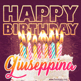 A colorful birthday cake topped with lit candles, with the words 'Happy Birthday Giuseppina' in bold glowing letters on a burgundy background. Animated flames add a festive touch.