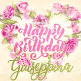A stunning heart made of pink roses surrounds the elegant script text 'Happy Birthday Giuseppina' on a soft beige background. Animated sparkles add a magical and festive feel.