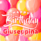 A vibrant name GIF featuring colorful balloons in shades of pink, orange, and yellow with the bold text 'Happy Birthday Giuseppina' in festive fonts, creating a lively birthday vibe.
