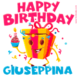 A vibrant and funny gift box character with a happy face dancing with a cupcake and the text 'Happy Birthday Giuseppina,' surrounded by animated confetti and party vibes.