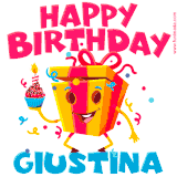 A vibrant and funny gift box character with a happy face dancing with a cupcake and the text 'Happy Birthday Giustina,' surrounded by animated confetti and party vibes.