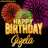 A golden 'Happy Birthday Gizela' message with vibrant fireworks in the background, creating a festive and celebratory vibe in this animated name GIF.