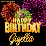 A golden 'Happy Birthday Gizella' message with vibrant fireworks in the background, creating a festive and celebratory vibe in this animated name GIF.