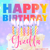 A vibrant animated name GIF with the words 'Happy Birthday Gizella' with colorful candles on a creamy cake. The background sparkles with pastel shades, adding a festive touch.