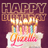 A colorful birthday cake topped with lit candles, with the words 'Happy Birthday Gizella' in bold glowing letters on a burgundy background. Animated flames add a festive touch.