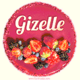 Beautifully decorated red velvet berry birthday cake with vibrant fruits and a glowing 'Gizelle' name, adding a touch of sweetness and sparkle.