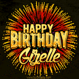 Golden 'Happy Birthday Gizelle' text accompanied by animated rainbow fireworks for a festive animated greeting.