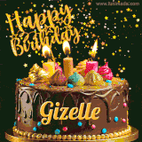 A delightful chocolate birthday cake with bright candles and 'Happy Birthday Gizelle' written in gold amidst a shower of animated stars.