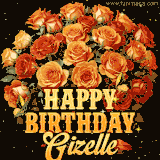 Animated bouquet of orange roses with moving butterfles and golden 'Happy Birthday Gizelle' text, surrounded by sparkling accents and a dark backdrop for a luxurious feel.