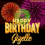 A golden 'Happy Birthday Gizelle' message with vibrant fireworks in the background, creating a festive and celebratory vibe in this animated name GIF.