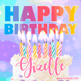 A vibrant animated name GIF with the words 'Happy Birthday Gizelle' with colorful candles on a creamy cake. The background sparkles with pastel shades, adding a festive touch.