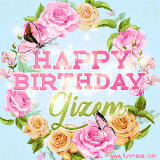 A charming animated GIF featuring 'Happy Birthday Gizem' in pink and green text, surrounded by delicate roses, leaves, and fluttering butterflies on a soft light blue pastel background.
