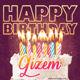 A colorful birthday cake topped with lit candles, with the words 'Happy Birthday Gizem' in bold glowing letters on a burgundy background. Animated flames add a festive touch.