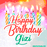 Bright birthday candles with rainbow flames on a cake, alongside the text 'Happy Birthday Gizi' in vibrant script in this celebratory animated GIF.