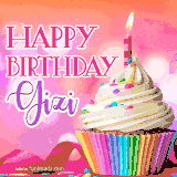 A vibrant birthday GIF featuring a rainbow-colored cupcake topped with white frosting, sprinkles, and a lit candle. The text reads 'Happy Birthday Gizi' in bold pink and violet letters with white outline.