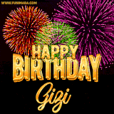 A golden 'Happy Birthday Gizi' message with vibrant fireworks in the background, creating a festive and celebratory vibe in this animated name GIF.