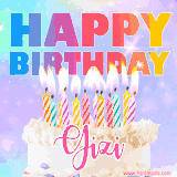 A vibrant animated name GIF with the words 'Happy Birthday Gizi' with colorful candles on a creamy cake. The background sparkles with pastel shades, adding a festive touch.