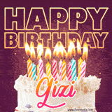 A colorful birthday cake topped with lit candles, with the words 'Happy Birthday Gizi' in bold glowing letters on a burgundy background. Animated flames add a festive touch.
