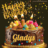 A delightful chocolate birthday cake with bright candles and 'Happy Birthday Gladys' written in gold amidst a shower of animated stars.