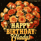 Animated bouquet of orange roses with moving butterfles and golden 'Happy Birthday Gladys' text, surrounded by sparkling accents and a dark backdrop for a luxurious feel.