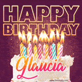 A colorful birthday cake topped with lit candles, with the words 'Happy Birthday Glaucia' in bold glowing letters on a burgundy background. Animated flames add a festive touch.