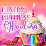 A vibrant birthday GIF featuring a rainbow-colored cupcake topped with white frosting, sprinkles, and a lit candle. The text reads 'Happy Birthday Glaudusa' in bold pink and violet letters with white outline.