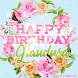 A charming animated GIF featuring 'Happy Birthday Glaudusa' in pink and green text, surrounded by delicate roses, leaves, and fluttering butterflies on a soft light blue pastel background.