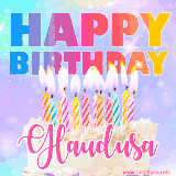 A vibrant animated name GIF with the words 'Happy Birthday Glaudusa' with colorful candles on a creamy cake. The background sparkles with pastel shades, adding a festive touch.