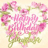 A stunning heart made of pink roses surrounds the elegant script text 'Happy Birthday Glaudusa' on a soft beige background. Animated sparkles add a magical and festive feel.