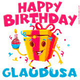 A vibrant and funny gift box character with a happy face dancing with a cupcake and the text 'Happy Birthday Glaudusa,' surrounded by animated confetti and party vibes.