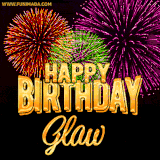 A golden 'Happy Birthday Glaw' message with vibrant fireworks in the background, creating a festive and celebratory vibe in this animated name GIF.