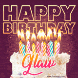 A colorful birthday cake topped with lit candles, with the words 'Happy Birthday Glaw' in bold glowing letters on a burgundy background. Animated flames add a festive touch.