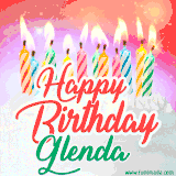 Bright birthday candles with rainbow flames on a cake, alongside the text 'Happy Birthday Glenda' in vibrant script in this celebratory animated GIF.
