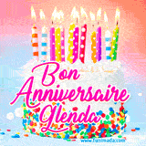 A white birthday cake covered in colorful sprinkles, topped with bright candles, and French text 'Bon Anniversaire Glenda' on a pastel gradient background in an animated GIF.