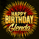 Golden 'Happy Birthday Glenda' text accompanied by animated rainbow fireworks for a festive animated greeting.