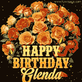 Animated bouquet of orange roses with moving butterfles and golden 'Happy Birthday Glenda' text, surrounded by sparkling accents and a dark backdrop for a luxurious feel.