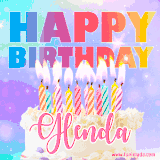 A vibrant animated name GIF with the words 'Happy Birthday Glenda' with colorful candles on a creamy cake. The background sparkles with pastel shades, adding a festive touch.