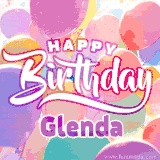 A vibrant name GIF featuring colorful balloons in shades of pink, orange, and yellow with the bold text 'Happy Birthday Glenda' in festive fonts, creating a lively birthday vibe.