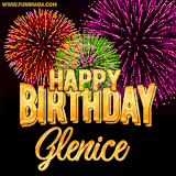 A golden 'Happy Birthday Glenice' message with vibrant fireworks in the background, creating a festive and celebratory vibe in this animated name GIF.