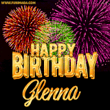 A golden 'Happy Birthday Glenna' message with vibrant fireworks in the background, creating a festive and celebratory vibe in this animated name GIF.