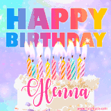A vibrant animated name GIF with the words 'Happy Birthday Glenna' with colorful candles on a creamy cake. The background sparkles with pastel shades, adding a festive touch.