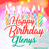 Bright birthday candles with rainbow flames on a cake, alongside the text 'Happy Birthday Glenys' in vibrant script in this celebratory animated GIF.
