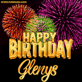 A golden 'Happy Birthday Glenys' message with vibrant fireworks in the background, creating a festive and celebratory vibe in this animated name GIF.