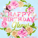 A charming animated GIF featuring 'Happy Birthday Glenys' in pink and green text, surrounded by delicate roses, leaves, and fluttering butterflies on a soft light blue pastel background.