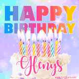 A vibrant animated name GIF with the words 'Happy Birthday Glenys' with colorful candles on a creamy cake. The background sparkles with pastel shades, adding a festive touch.